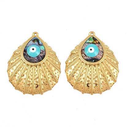 304 Stainless Steel Enamel & Natural Paua Shell Pendants, Teardrop with Evil Eye Charms, Ion Plating(IP)