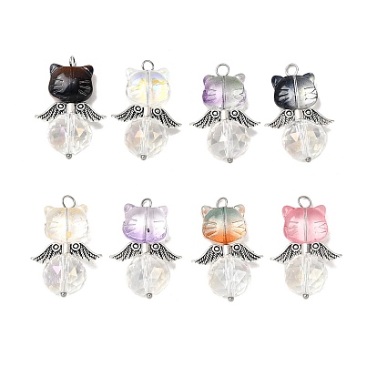Glass Beaded Pendants, Cat Shapes Angel Charm, with Alloy Wing & 304 Stainless Steel Loop