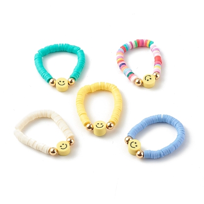 Anillos elásticos hechos a mano con arcilla polimérica, con cuentas de latón e hilo de cristal elástico, plano y redondo con sonrisa