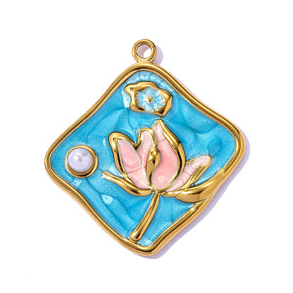 304 нержавеющей стальной эмали подвески, квадрат с цветочными подвесками, ионное покрытие (ip), зеркальная полировка, реальный 18 k позолоченный