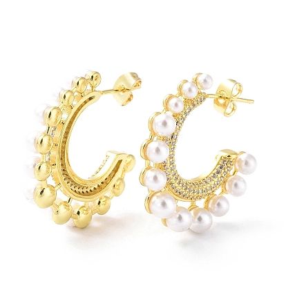 Clear Cubic Zirconia C-shape Stud Earrings with ABS Plastic Pearl Beaded, Brass Half Hoop Earrings for Women