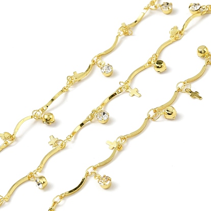 Handmade Eco-friendly Brass Curved Bar Link Chain, with Cross and Glass Charms, Long-Lasting Plated, Soldered, with Spool
