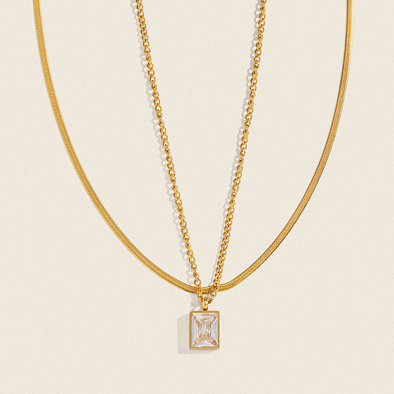 Двухслойные ожерелья в европейском стиле из нержавеющей стали с прозрачными кубическими циркониями и подвеской в виде змеи