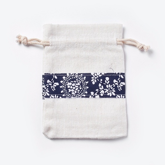 Cotton and Linen Cloth Packing Pouches, Drawstring Bags, with Flower Pattern
