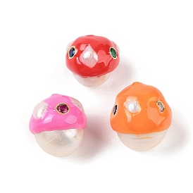 Natural Cultured Freshwater Pearl with Cubic Zirconia Enamel Beads, Hand Drawn Beads, Mushroom