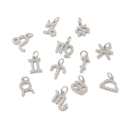 Brass Micro Pave Cubic Zirconia Charms, 12 Constellations Charm, with Jump Ring, Platinum