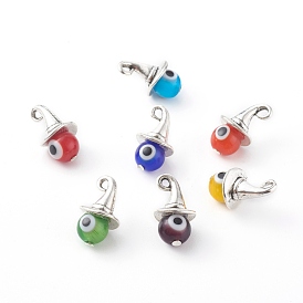 Alloy Pendants, with Handmade Evil Eye Lampwork Round Bead and Tibetan Style Alloy Charms, Witch Hat