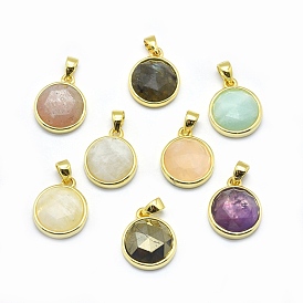 Natural Gemstone Pendants, with Golden Tone Brass Findings, Flat Round, Faceted