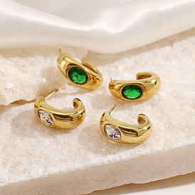 Minimalist Oval Green Gemstone Gold Plated Stainless Steel Earrings