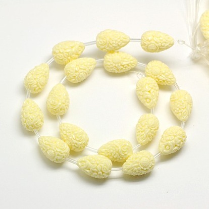 Dyed Synthetical Coral Teardrop Shaped Carved Flower Bud Beads Strands, 21x14x14mm, Hole: 1mm, about 16pcs/strand, 17 inch