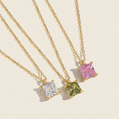 Подвески с квадратными кубическими циркониями на цепочках из нержавеющей стали с покрытием из настоящего золота для женщин.