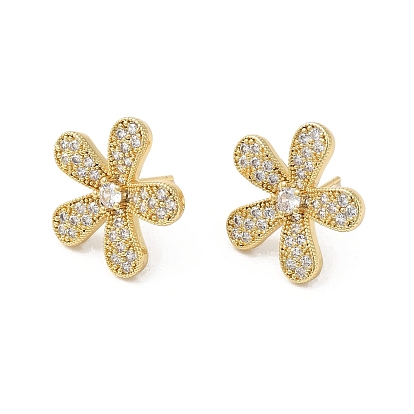 Flower Brass Micro Pave Cubic Zirconia Stud Earrings for Women