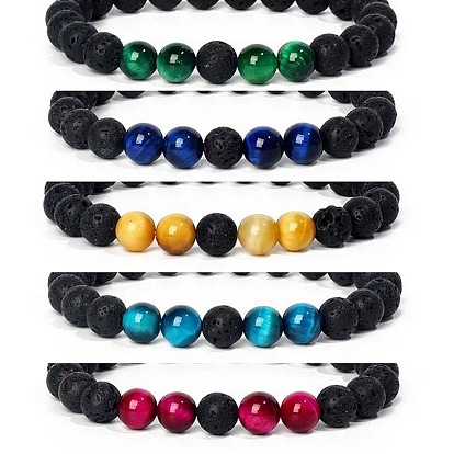 8MM Round Natural Tiger Eye and Lava Rock Yoga Beaded Stretch Bracelets, Buddhist Prayer Bracelets