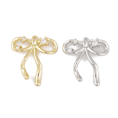 Brass Micro Pave Clear Cubic Zirconia Pendants, Cadmium Free & Nickel Free & Lead Free, Long-Lasting Plated, Bowknot Charms