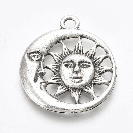Tibetan Style Alloy Pendants, Flat Round with Sun and Moon, Lead Free & Cadmium Free