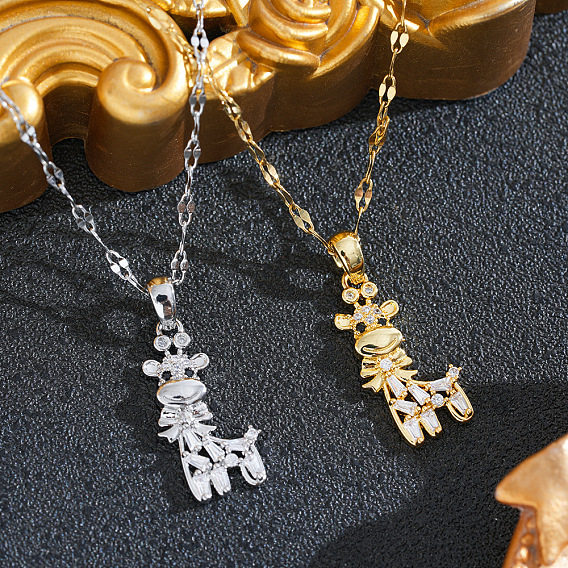 Brass Pave Clear Cubic Zirconia Giraffe Pendant 201 Stainless Steel Dapped Chain Necklaces for Women, Ion Plating(IP)