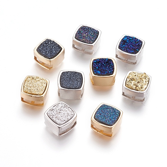 Brass Slide Charms, with Druzy Resin Cabochons, Square