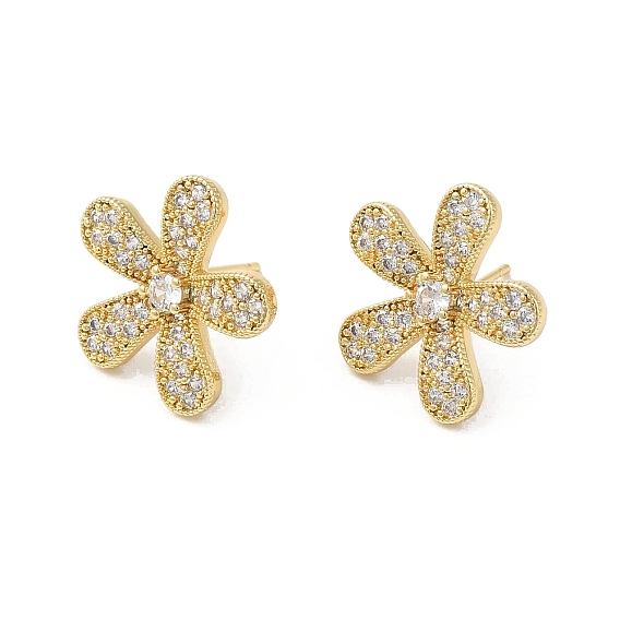 Flower Brass Micro Pave Cubic Zirconia Stud Earrings for Women
