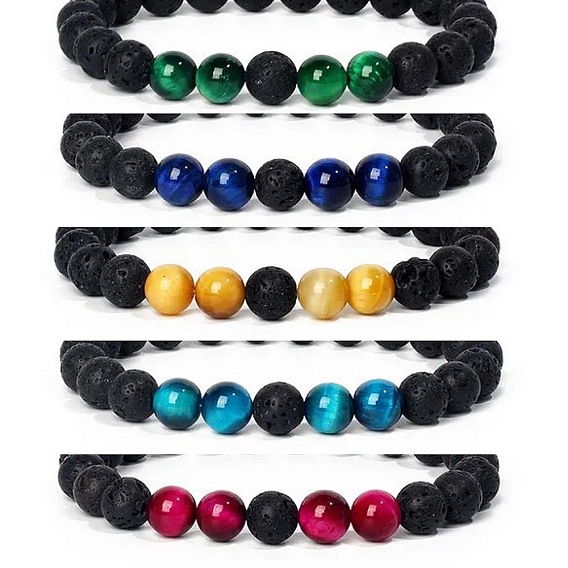 8MM Round Natural Tiger Eye and Lava Rock Yoga Beaded Stretch Bracelets, Buddhist Prayer Bracelets