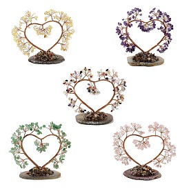 Natural Gemstone Chips Love Heart Tree Decorations, Copper Wire Feng Shui Energy Stone Gift for Home Desktop Decoration