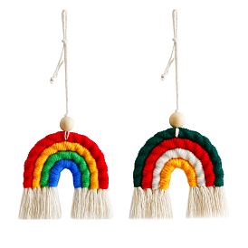 Handmade Macrame Weaving Rainbow Tassel Pendant Decorations, with Wood Bead for Car Home Window Decoration