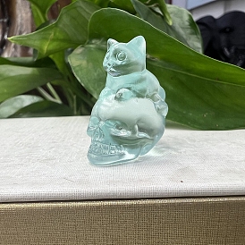 Glass Skull with Cat Figurines, for Home Office Desktop Ornament