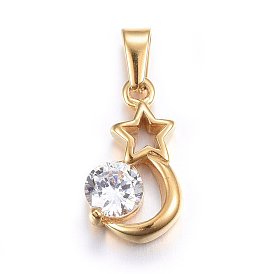 304 Stainless Steel Pendants, with Cubic Zirconia, Star, Clear