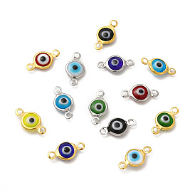 304 Stainless Steel Connector Charms, Flat Round Links with Evil Eye Pattern, with Glass Enamel