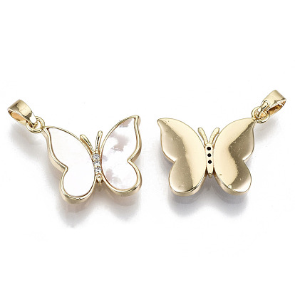 Natural Freshwater Shell Pendants, with Cubic Zirconia and Brass Findings, Nickel Free, Butterfly, Real 18k Gold Plated