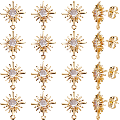 20шт. латунные микропрозрачные кубические циркониевые серьги-гвоздики, с латунными фрикционными гайками 20шт., без никеля , солнце