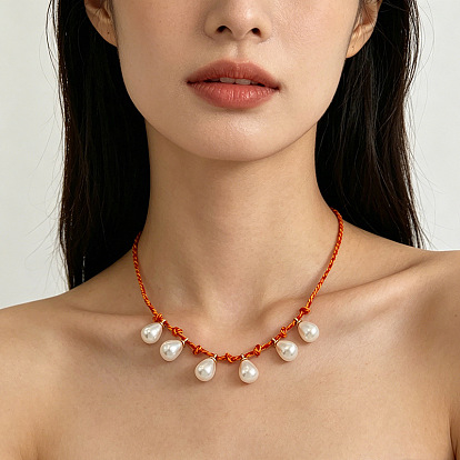 Collares ajustables de cordón de algodón trenzado con borla en forma de lágrima y perlas de imitación para mujer.