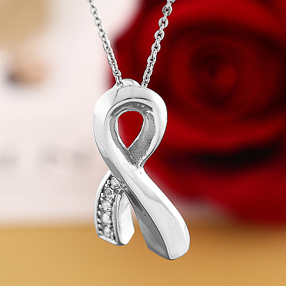 Crystal Rhinestone Awareness Ribbon Pendant Necklace, with Stainless Steel Chains
