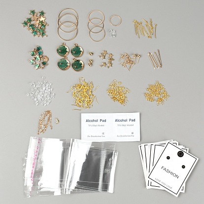 Kits de fabrication de boucles d'oreilles bricolage, 28pcs pendentifs en laiton étoile et lune et planète, 206 anneau en laiton de pcs, 7pcs perles acryliques et alliage, accessoires en alliage, sacs d'opp, cartes en papier, Tampon de préparation d'alcool
