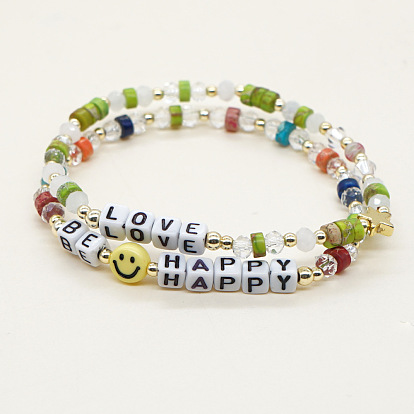 Chic Gemstone Elastic Bracelet with Crystal Beads and LOVE Letter Charm