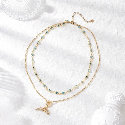 Подвеска с изображением сердца и креста из прозрачного кубического циркония в форме латуни с имитацией сглаза, лэмпворк, ручная работа 304 двухслойные цепочки из нержавеющей стали для женщин, золотые