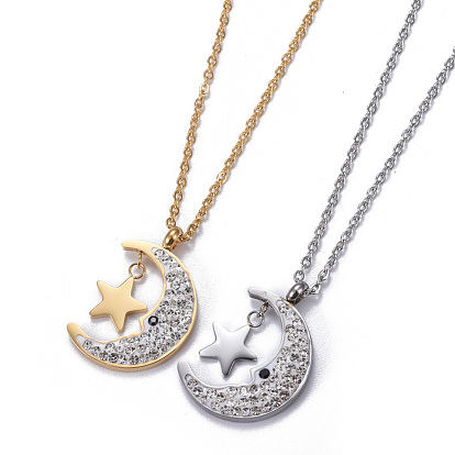 304 Stainless Steel Pendant Necklaces, with Polymer Clay Rhinestone, Moon with Star