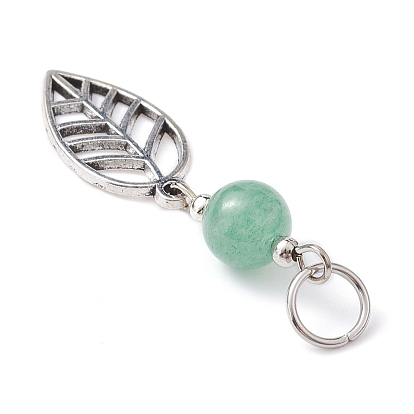 Leaf Tibetan Style Alloy Pendants, with Natural Green Aventurine Beads and 304 Stainless Steel Jump Rings