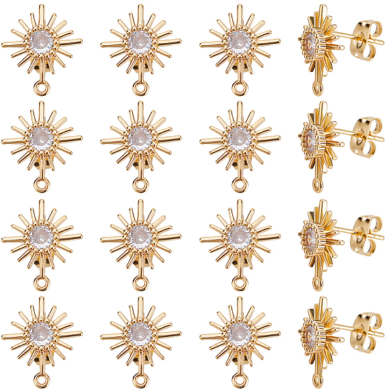 20шт. латунные микропрозрачные кубические циркониевые серьги-гвоздики, с латунными фрикционными гайками 20шт., без никеля , солнце