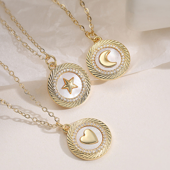 Подвеска-колье из латуни с микропаве из прозрачных кубических цирконий и натуральными ракушками, плоская круглая, для женщин., золотые