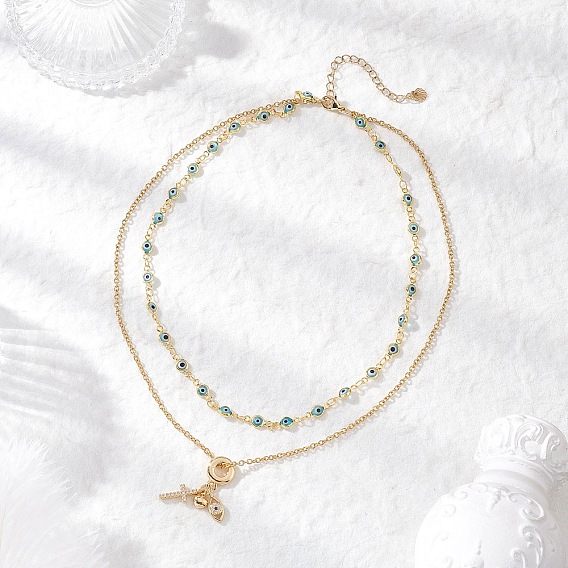 Подвеска с изображением сердца и креста из прозрачного кубического циркония в форме латуни с имитацией сглаза, лэмпворк, ручная работа 304 двухслойные цепочки из нержавеющей стали для женщин, золотые