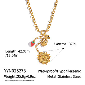 Стиль отпуска 304 Женские ожерелья с подвеской в виде подсолнуха и красной клубники из нержавеющей стали с эмалью