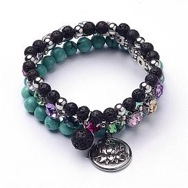 Pierre naturelle bracelets multi-brins, perles de roche de lave et howlite, avec perles acryliques en strass et pièces métalliques