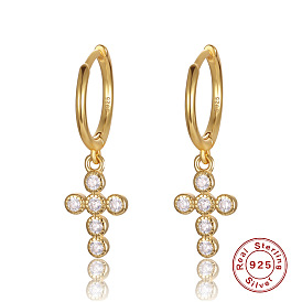 S925 Silver Cross Pendant Earrings with Diamond Inlay - Elegant Silver Accessories for Women