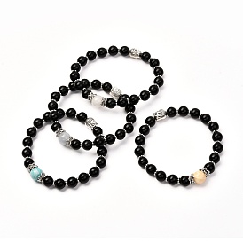 Natural Lava Rock Oil Diffuser Yoga Menditation Bracelet for Men Women Girls Jewelry, Mixed Stone & Buddha Head Alloy Stretch Bracelet