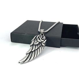 Подвеска в виде крыла ангела из нержавеющей стали в виде цветка розы и пера в стиле панк