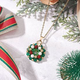 Подвеска в виде рождественского венка из натурального сердолика, биконуса, стеклянных ракушек, жемчуга и бисера 304 ожерелья из нержавеющей стали с цепочкой для женщин, золотые
