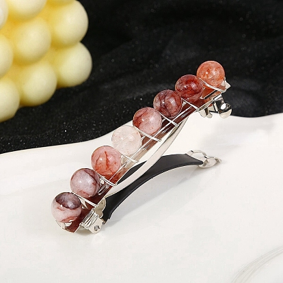 Metal French Hair Barrettes, with Round Gemstone Bead, Hair Accessories for Women Girl