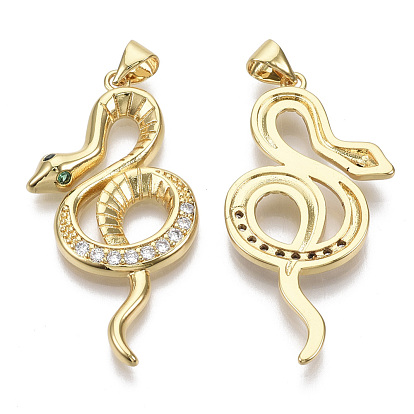 Brass Micro Pave Cubic Zirconia Pendants, with Brass Snap On Bails, Nickel Free, Snake, Clear