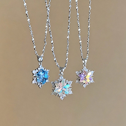 Christmas Alloy Rhinestone Snowflake Pendant Necklaces for Women, Platinum