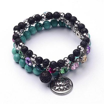 Pierre naturelle bracelets multi-brins, perles de roche de lave et howlite, avec perles acryliques en strass et pièces métalliques